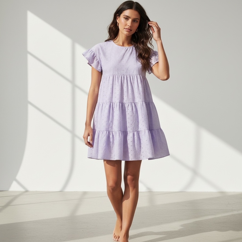 NWT Boohoo Lilac Eyelet Embroidered Ruffle Tiered Babydoll Mini Dress Sz 4
